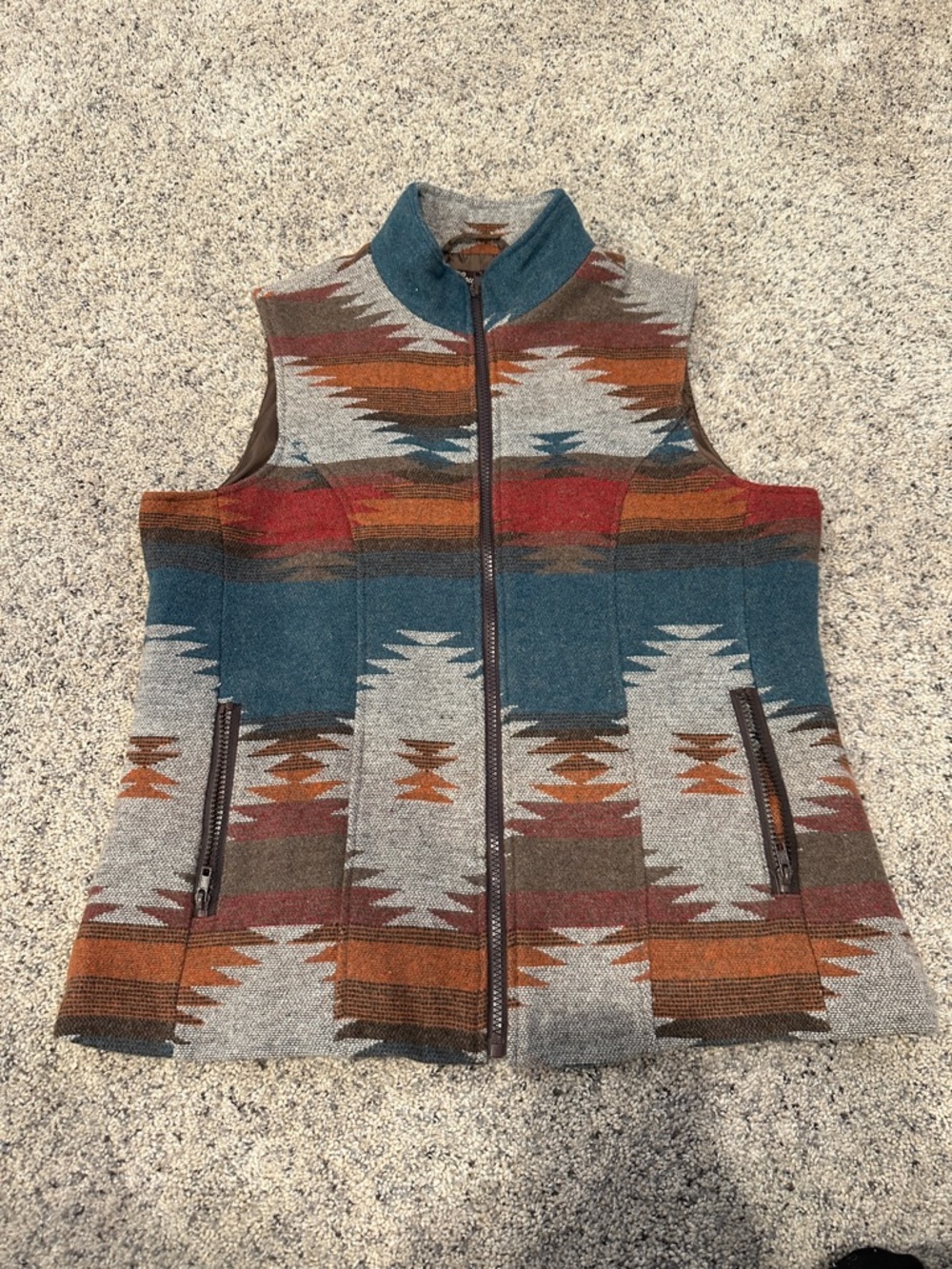 Southwestern Pattern Zip-Front Womens Vest in Teal and Rust